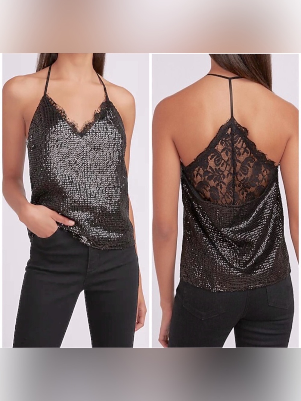 Express Black Sequin Lace-Back Trim Racer Cami